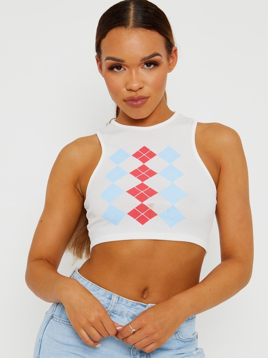 White Argyle Print Ribbed Tank Crop Top