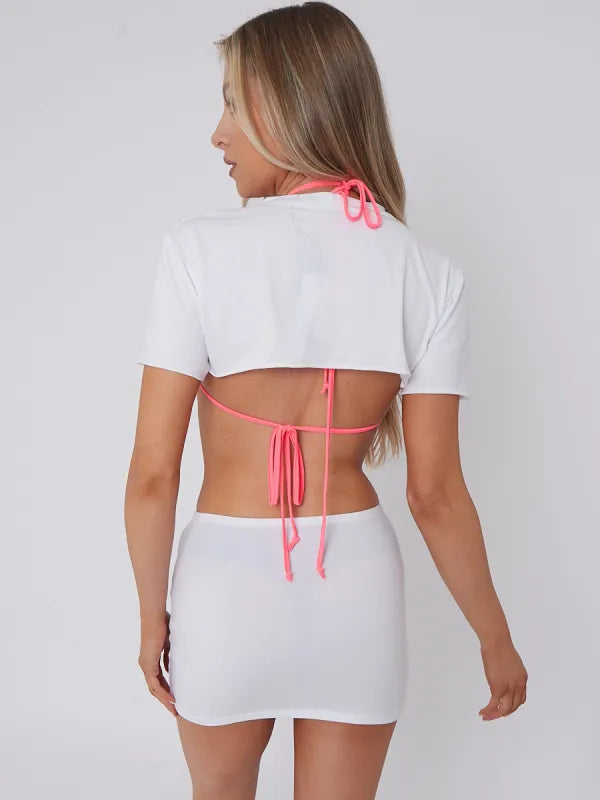 White Be Unique Graphic 3 Piece Bikini Top & Skirt Co-ord Set