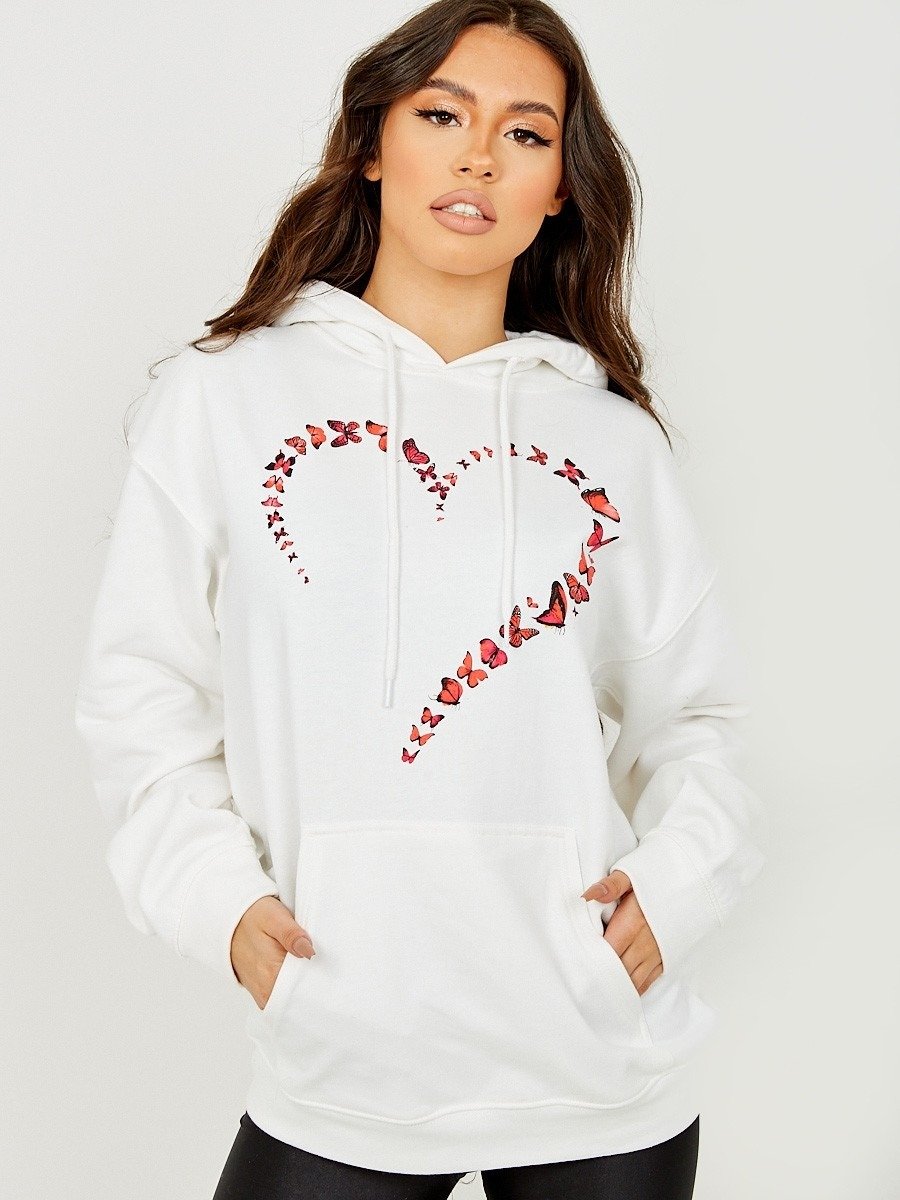 White Butterfly Heart Graphic Fleeced Hoodie