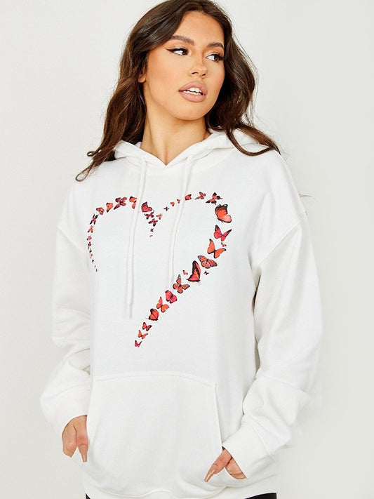 White Butterfly Heart Graphic Fleeced Hoodie