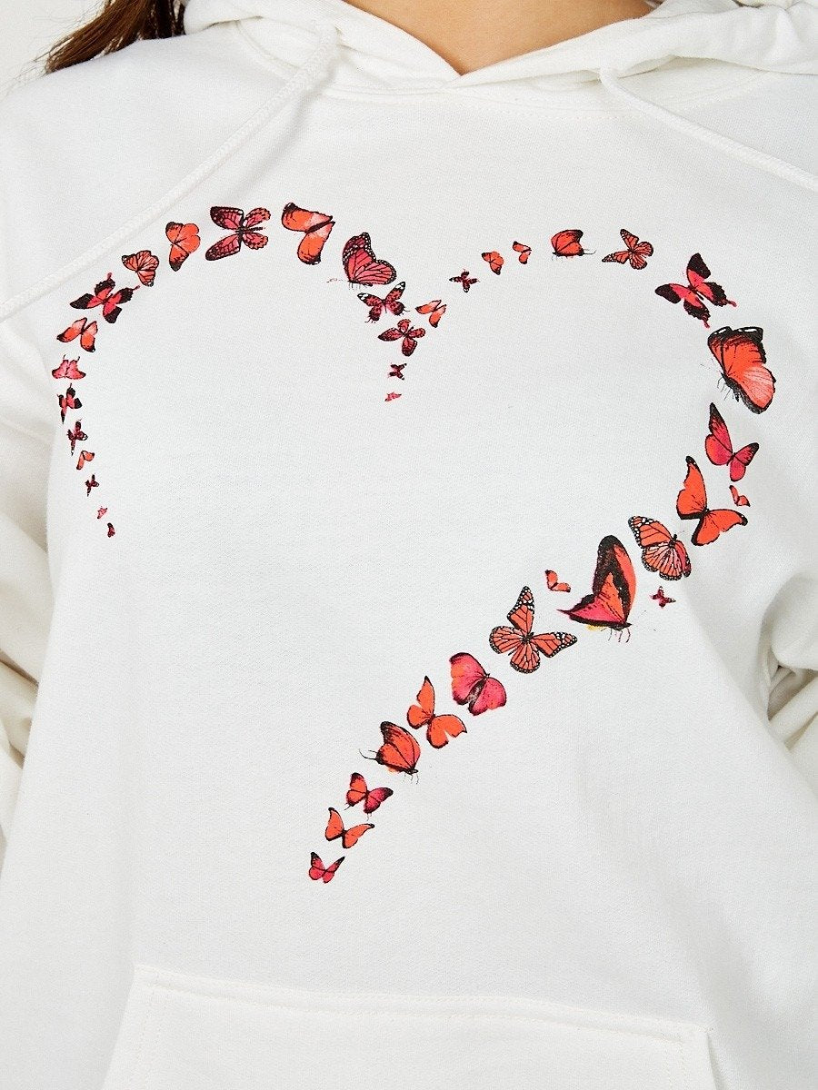 White Butterfly Heart Graphic Fleeced Hoodie