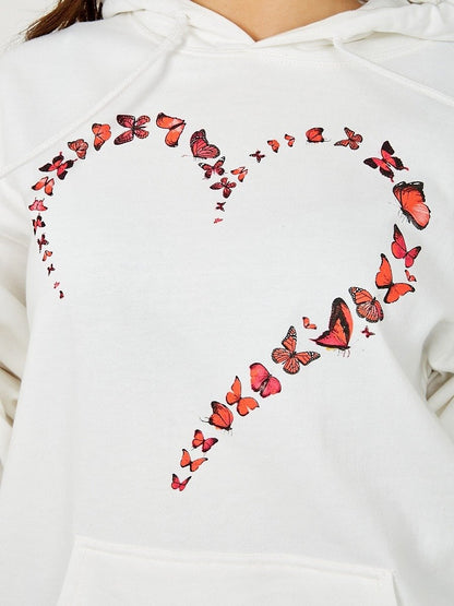 White Butterfly Heart Graphic Fleeced Hoodie