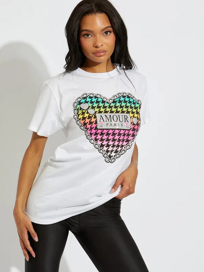 White Chain Heart Paris Amour Graphic T-Shirt