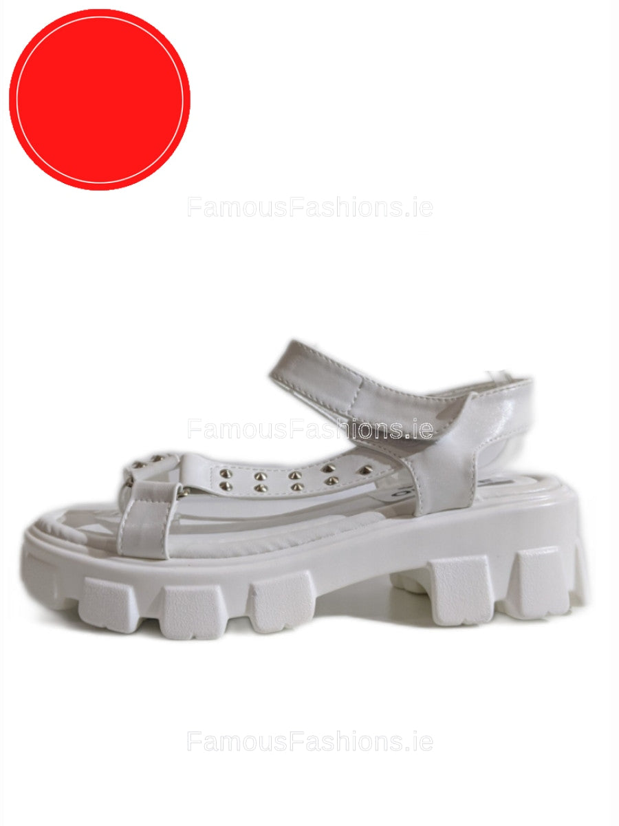 White Chunky Platform Track Sole Studded Sandals