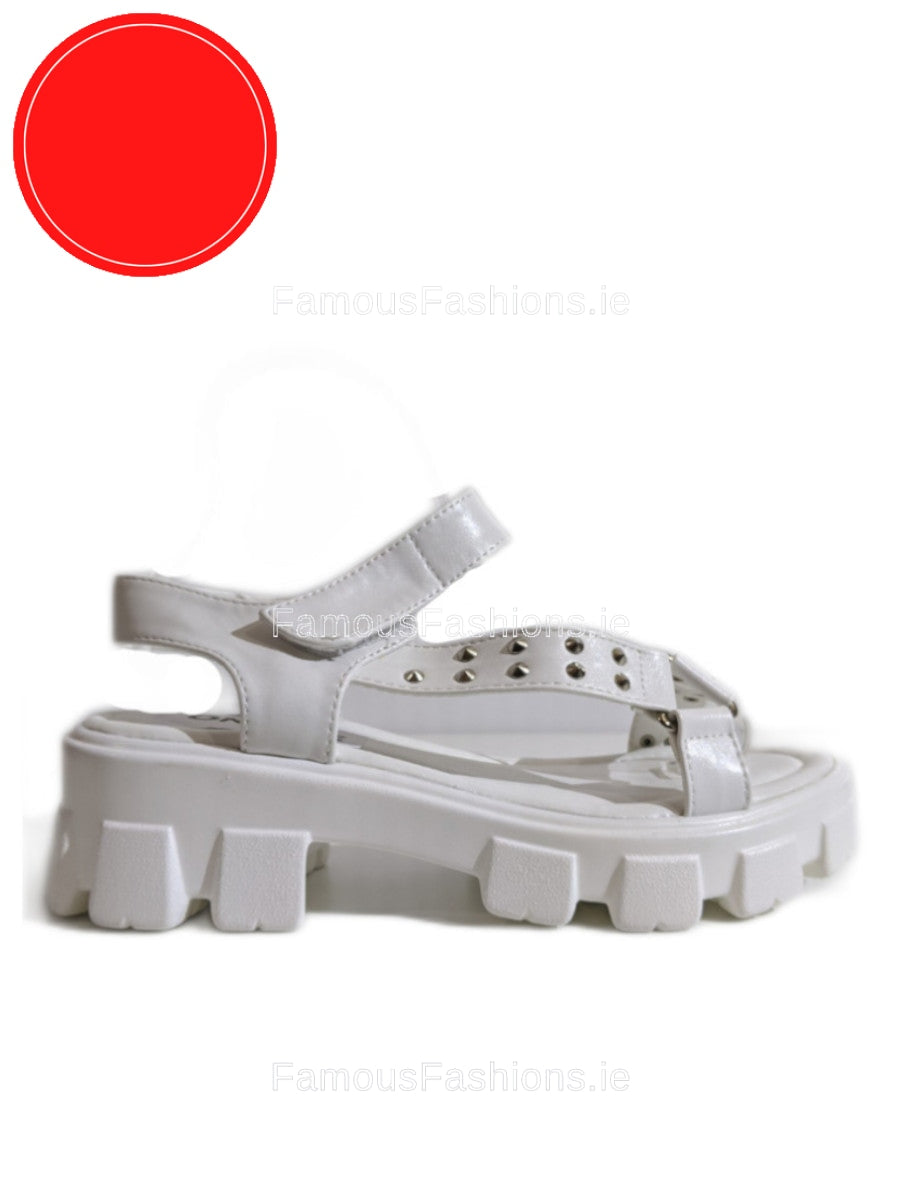 White Chunky Platform Track Sole Studded Sandals