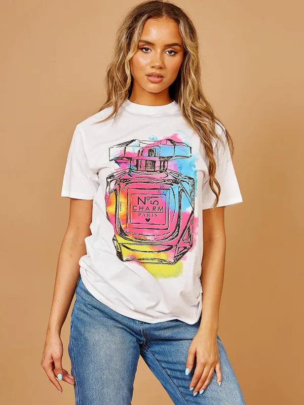 White Colourful Perfume Graphic Glitter Detail T-Shirt