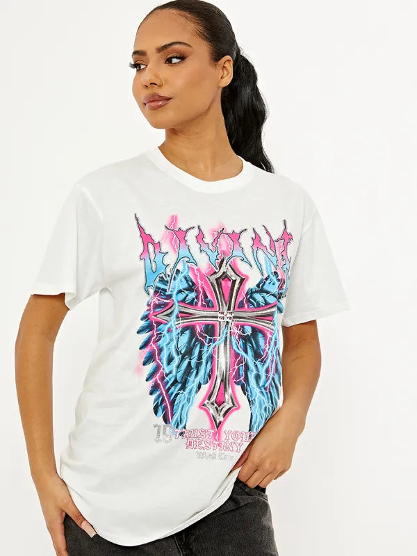 White Divine Cross Graphic Printed T-Shirt