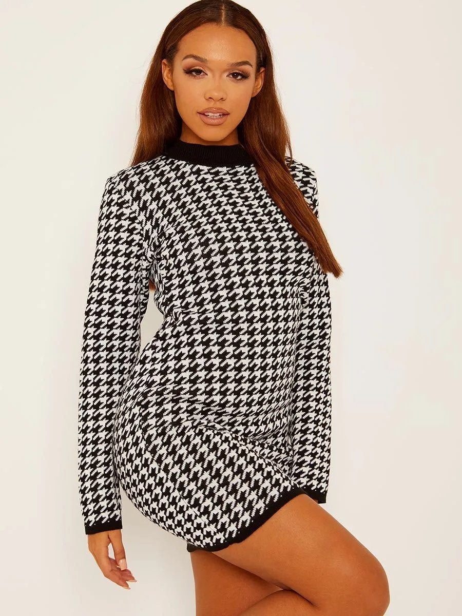 White Dogtooth Pattern Knitted Jumper Dress