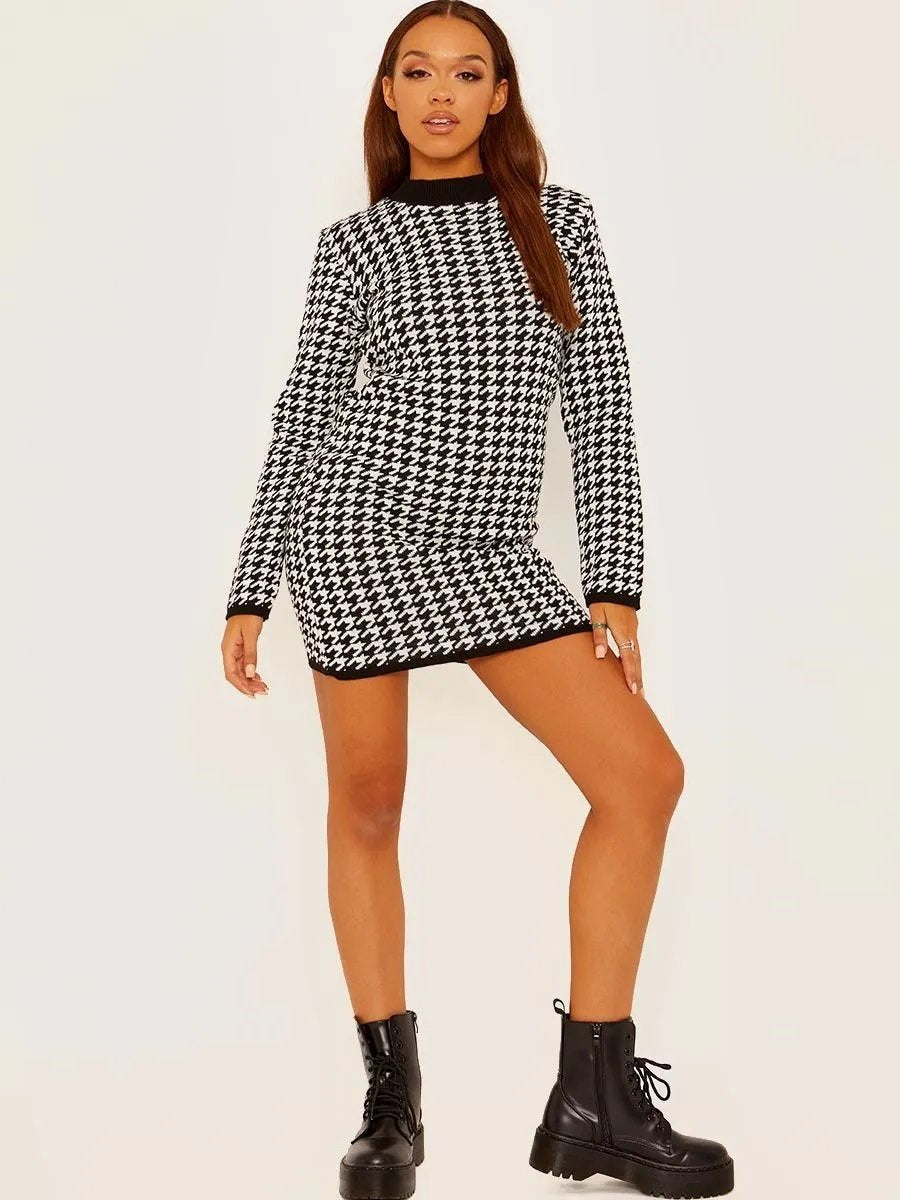 White Dogtooth Pattern Knitted Jumper Dress