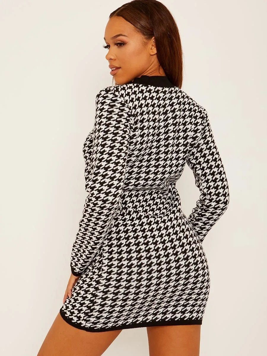 White Dogtooth Pattern Knitted Jumper Dress