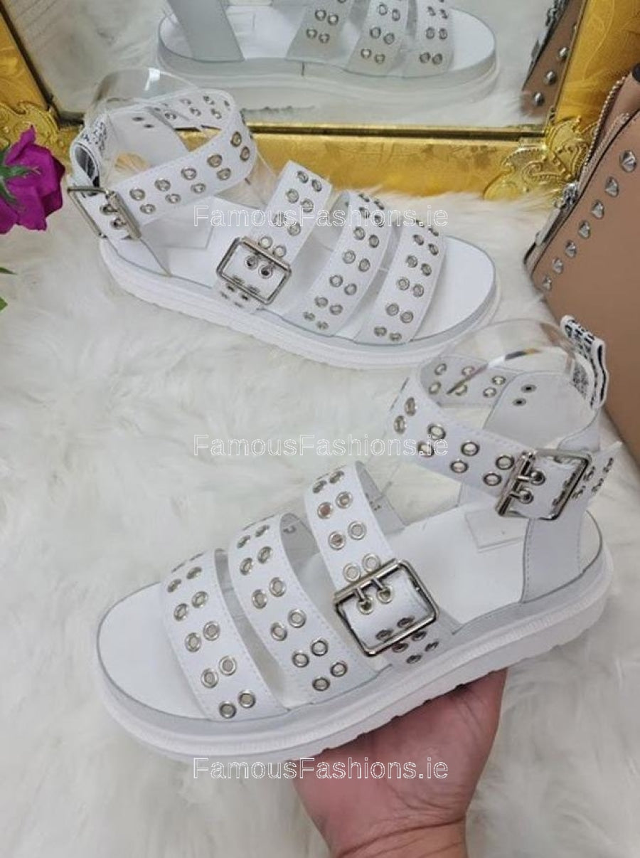 White Eyelet Strap Buckle Platform Sandals