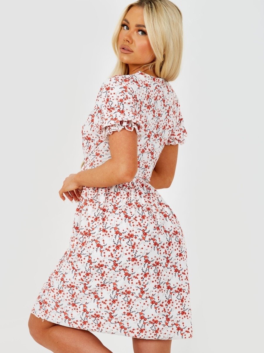 White Floral Print Tie Knot Dress