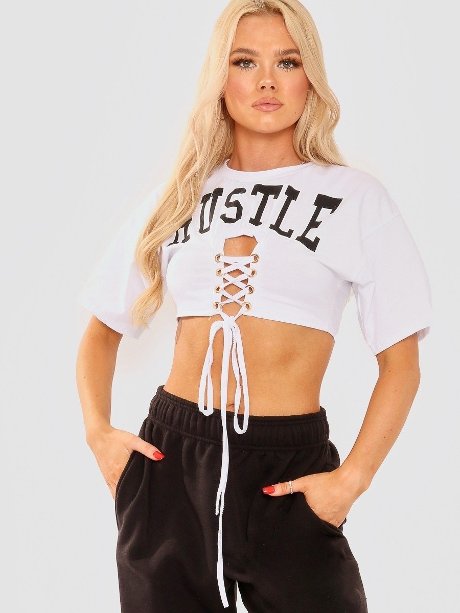 White Hustle Graphic Eyelet Crop Top