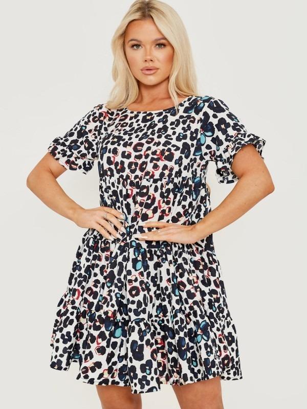 White Leopard Print Frill Smock Dress