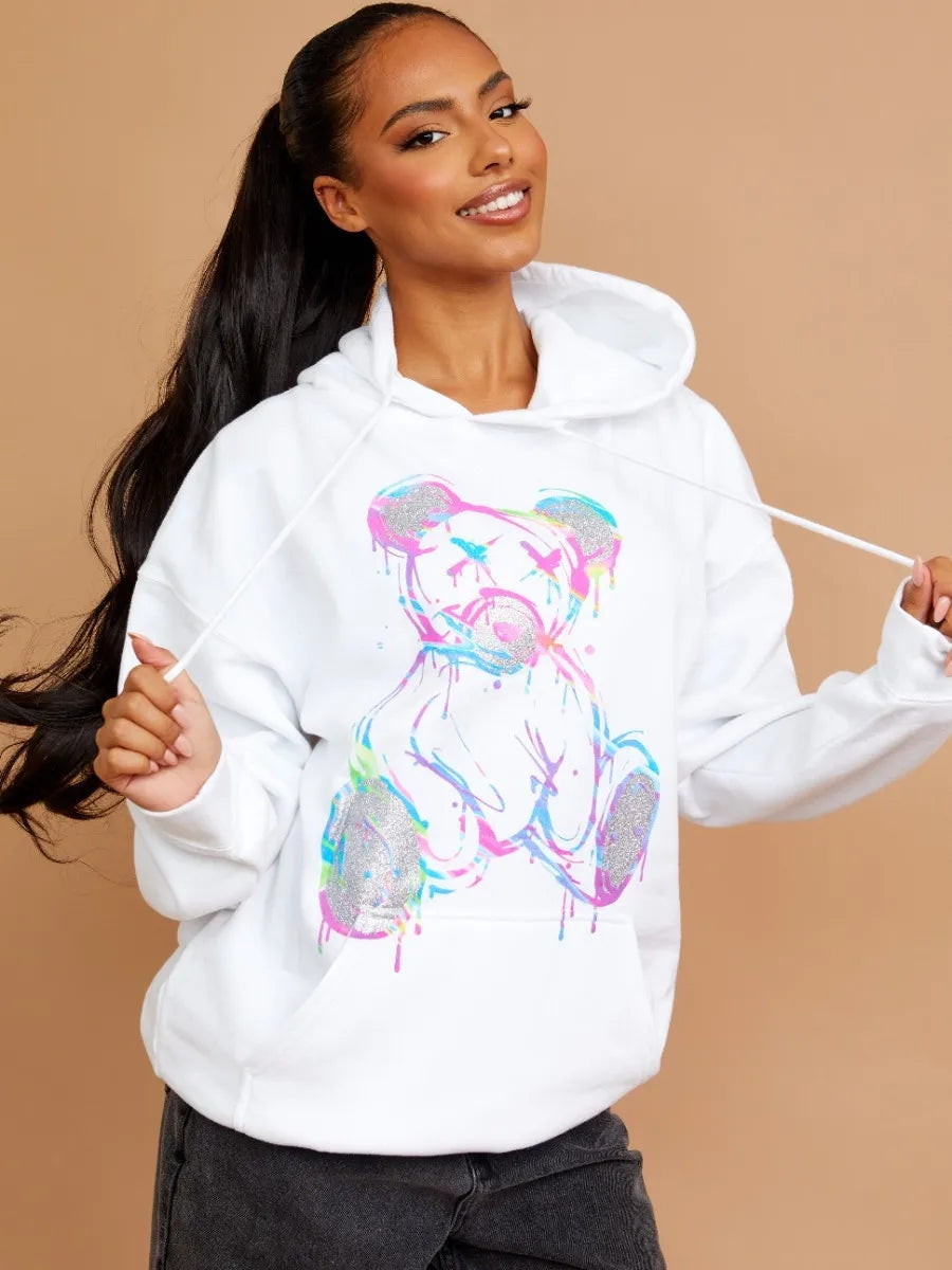 White Multicolour Teddy Bear Graphic Print Hoodie