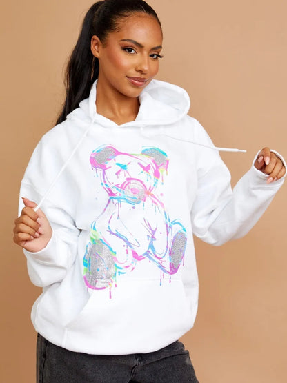 White Multicolour Teddy Bear Graphic Print Hoodie