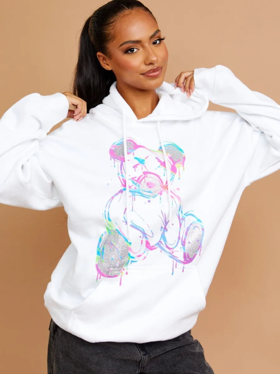 White Multicolour Teddy Bear Graphic Print Hoodie