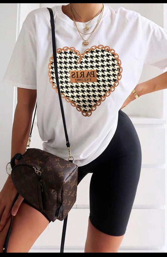 White Paris Hearts Graphic Oversized T-Shirt