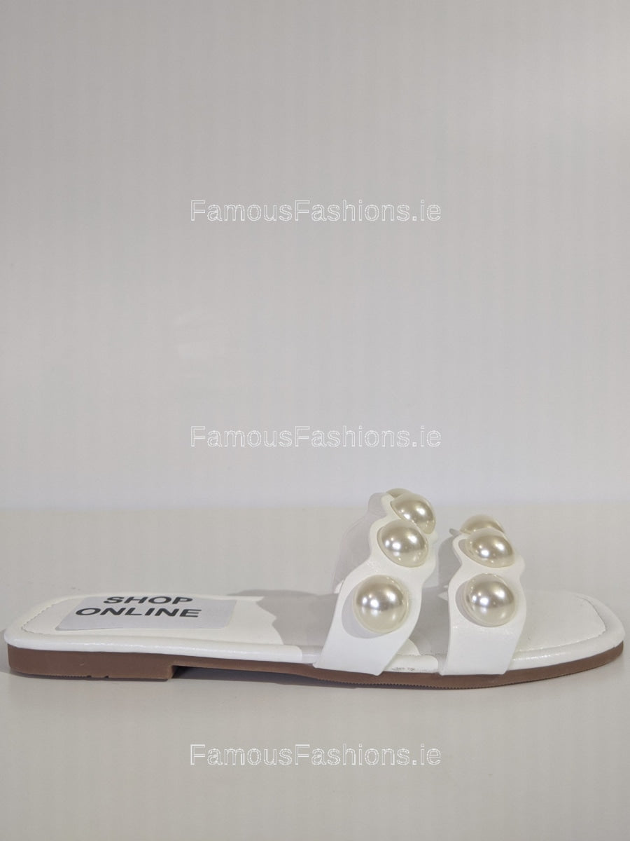 White Pearl Embellished Flat Mule Sliders