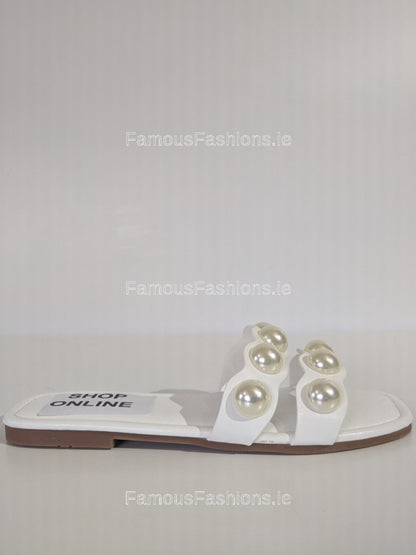 White Pearl Embellished Flat Mule Sliders