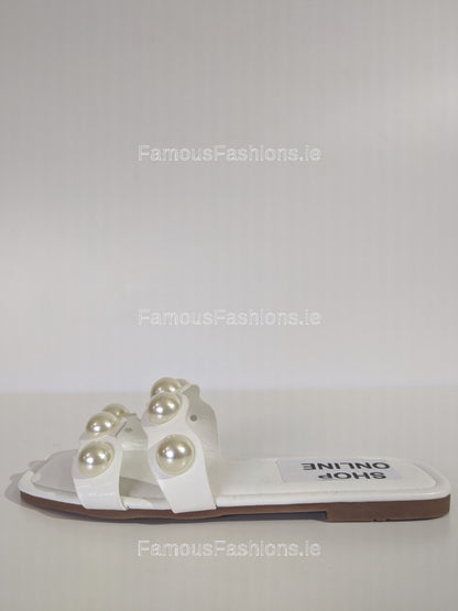 White Pearl Embellished Flat Mule Sliders