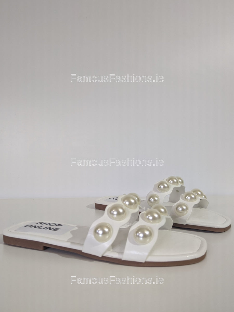 White Pearl Embellished Flat Mule Sliders