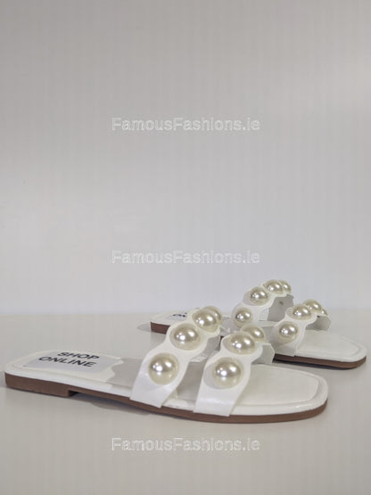 White Pearl Embellished Flat Mule Sliders