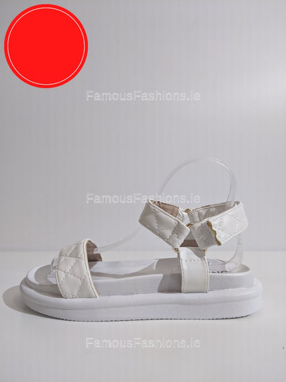 White Quilted Velcro Strap Chunky Platform Sandal