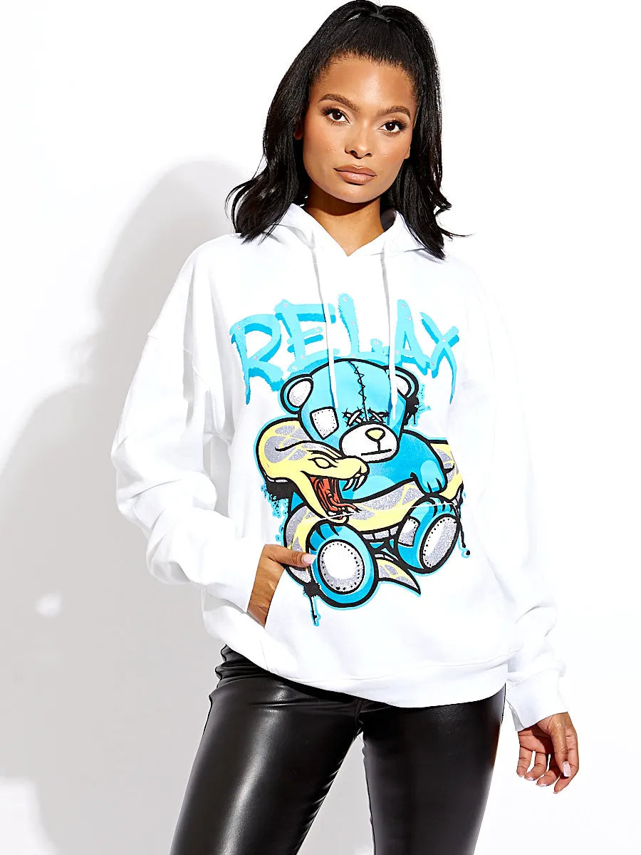 White Relax Snake Teddy Bear Graphic Print Oversized Hoodie