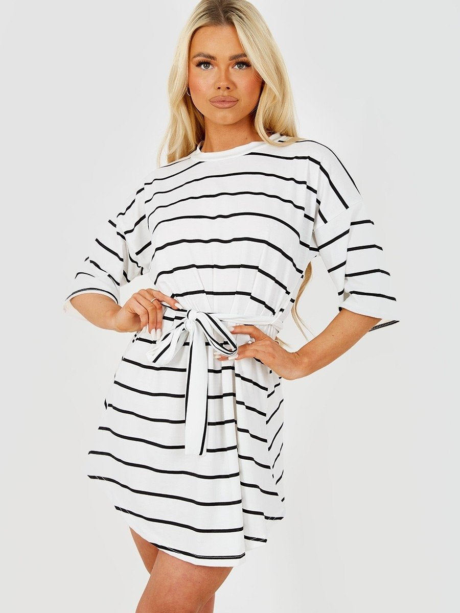 White Striped Belted T-Shirt Dress