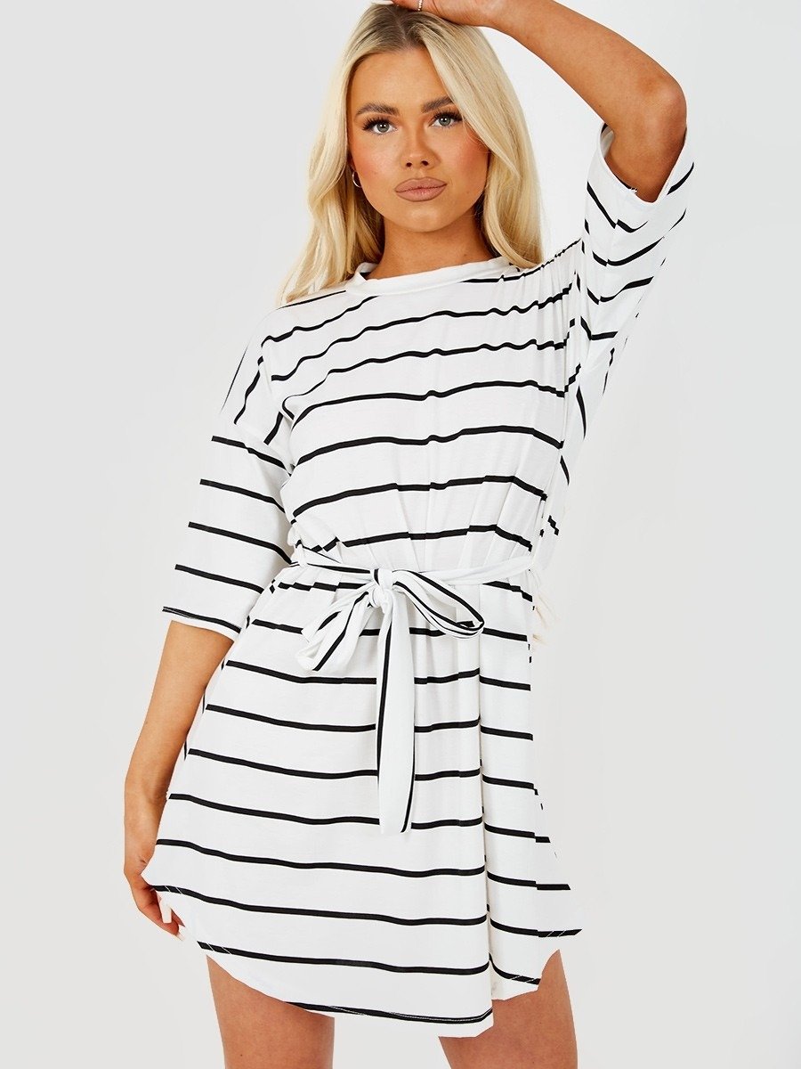 White Striped Belted T-Shirt Dress