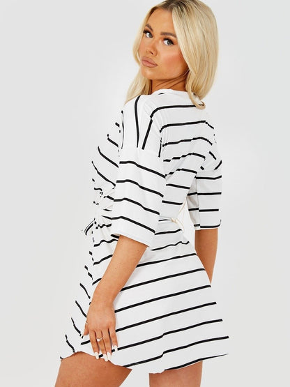 White Striped Belted T-Shirt Dress