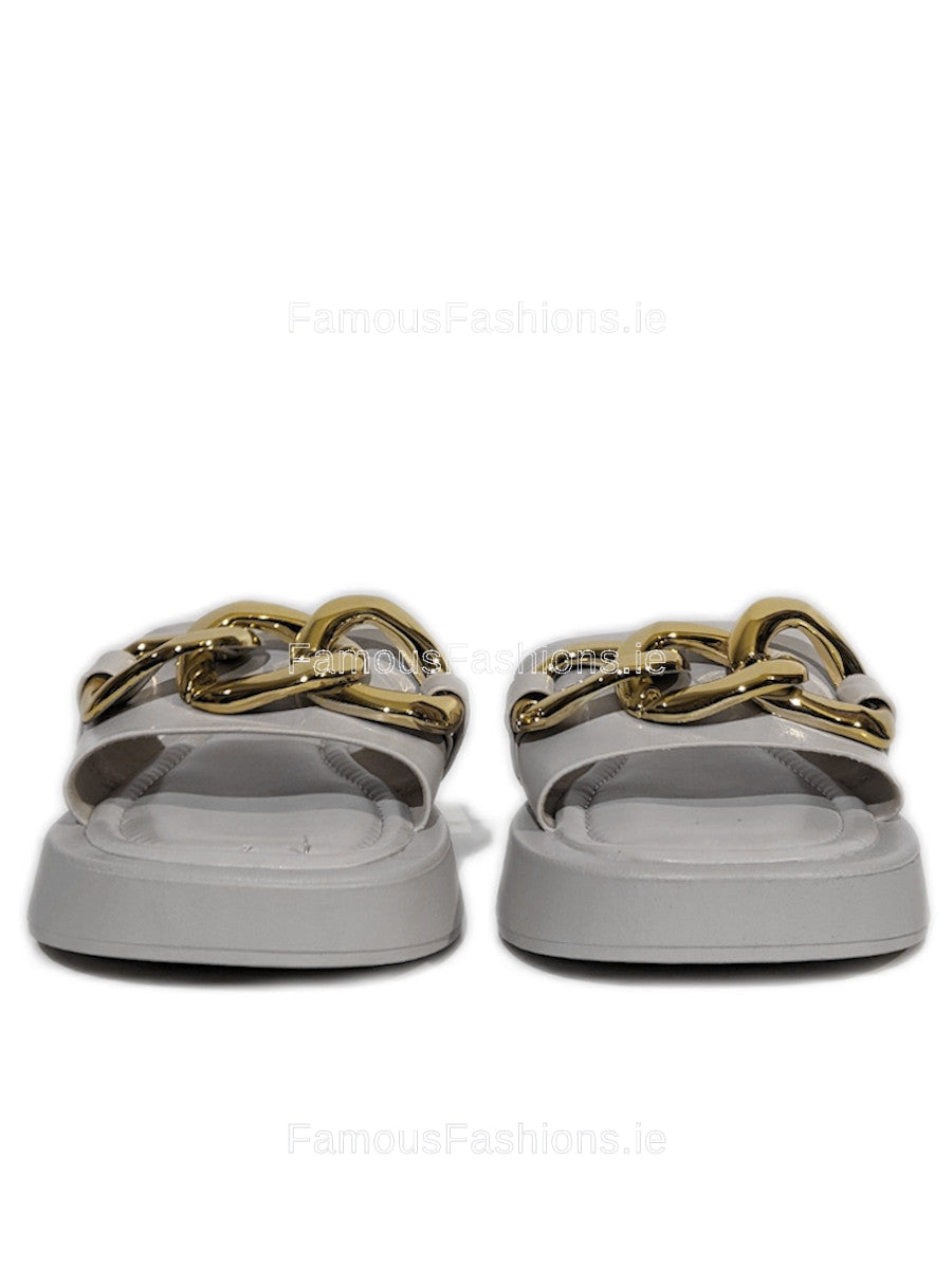 White Thick Sole Platform Sliders with Gold Buckle 