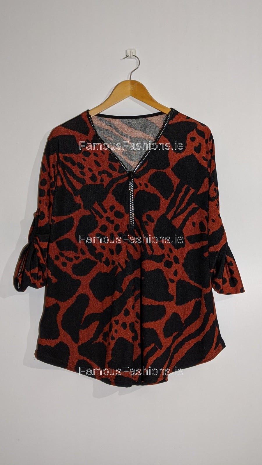 Wine Animal Print Zip Detail Top