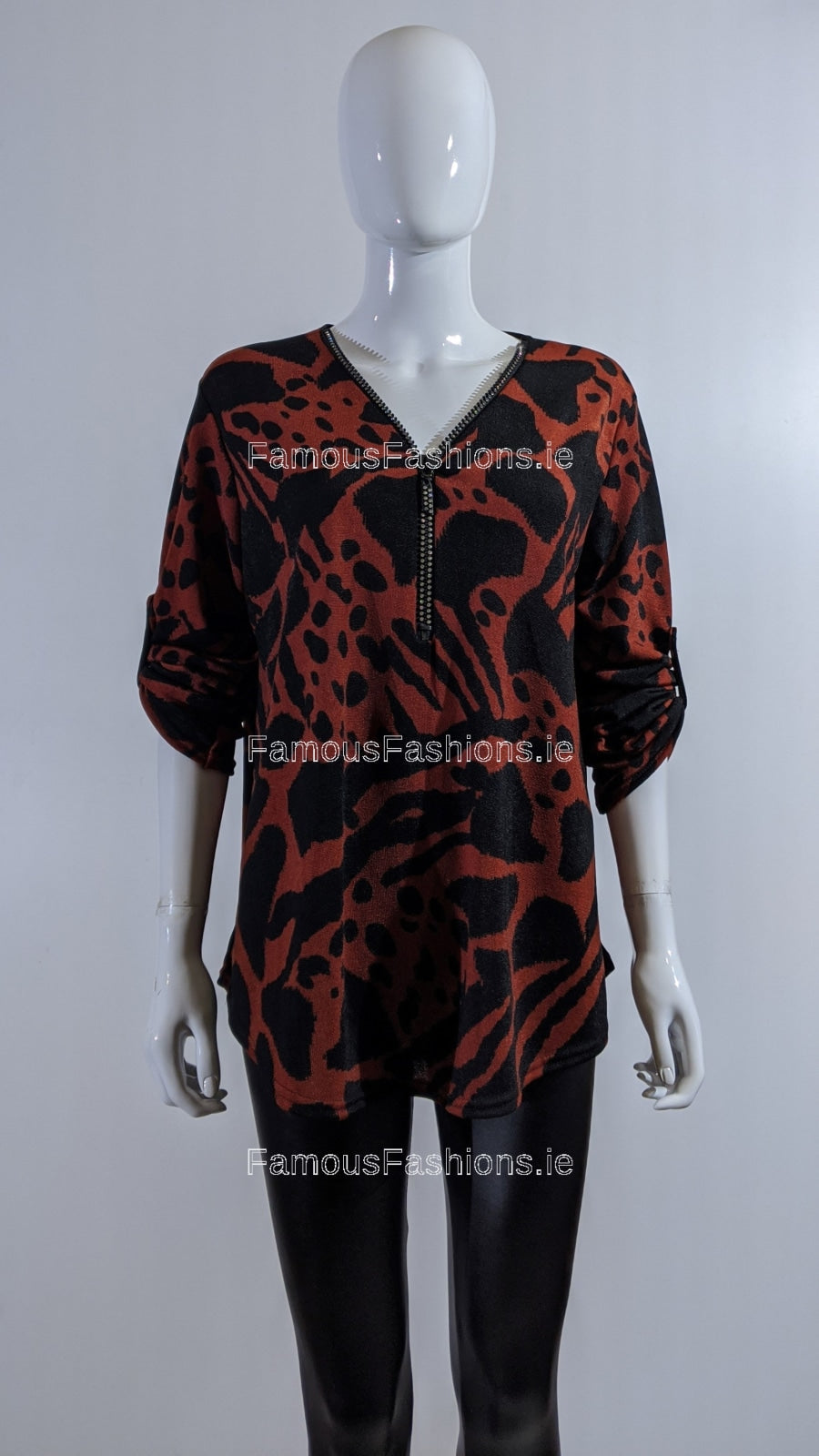 Wine Animal Print Zip Detail Top