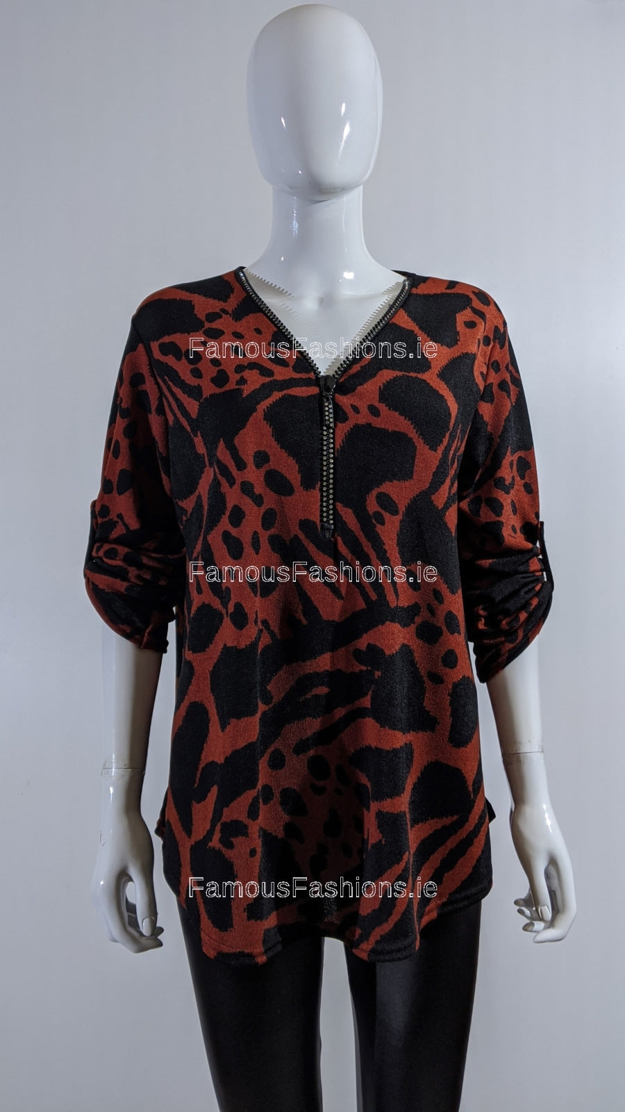 Wine Animal Print Zip Detail Top