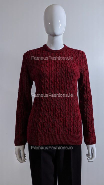 Wine Round Neck Cable Knit Jumper