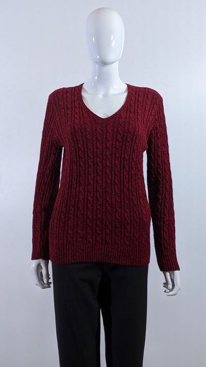 Wine V-Neck Cable Knit Jumper