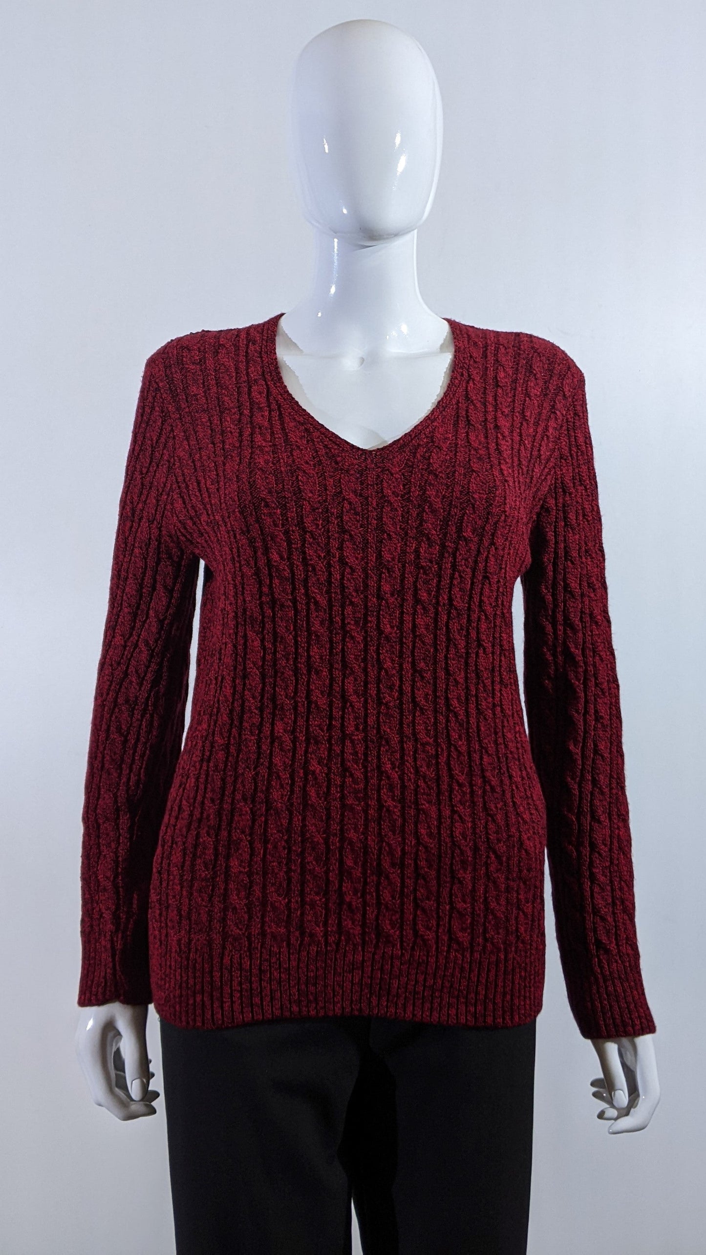 Wine V-Neck Cable Knit Jumper