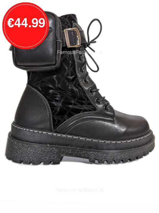 Black Chunky Sole Biker Boots with Pocket