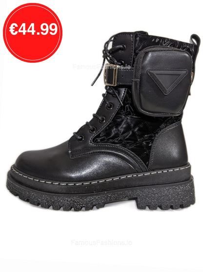 Black Chunky Sole Biker Boots with Pocket