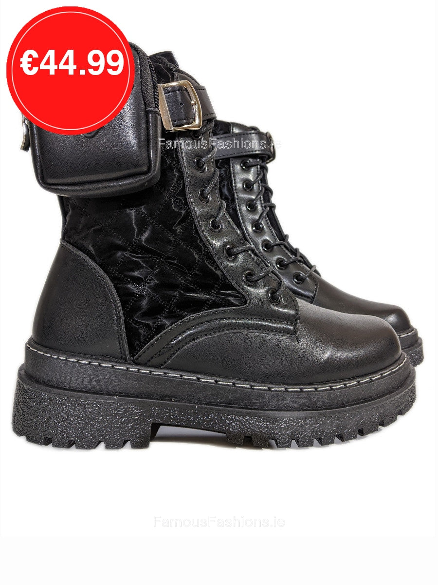 Black Chunky Sole Biker Boots with Pocket