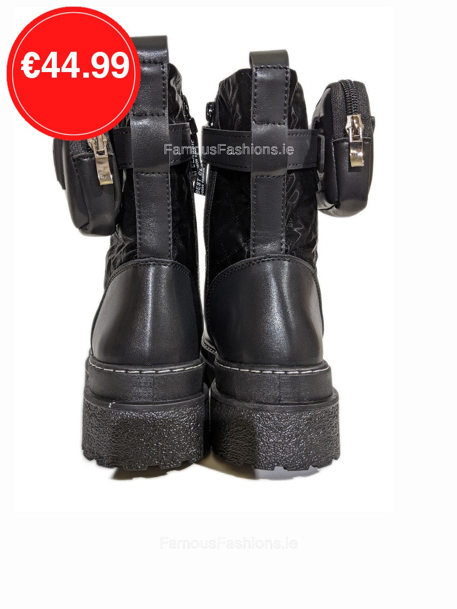 Black Chunky Sole Biker Boots with Pocket