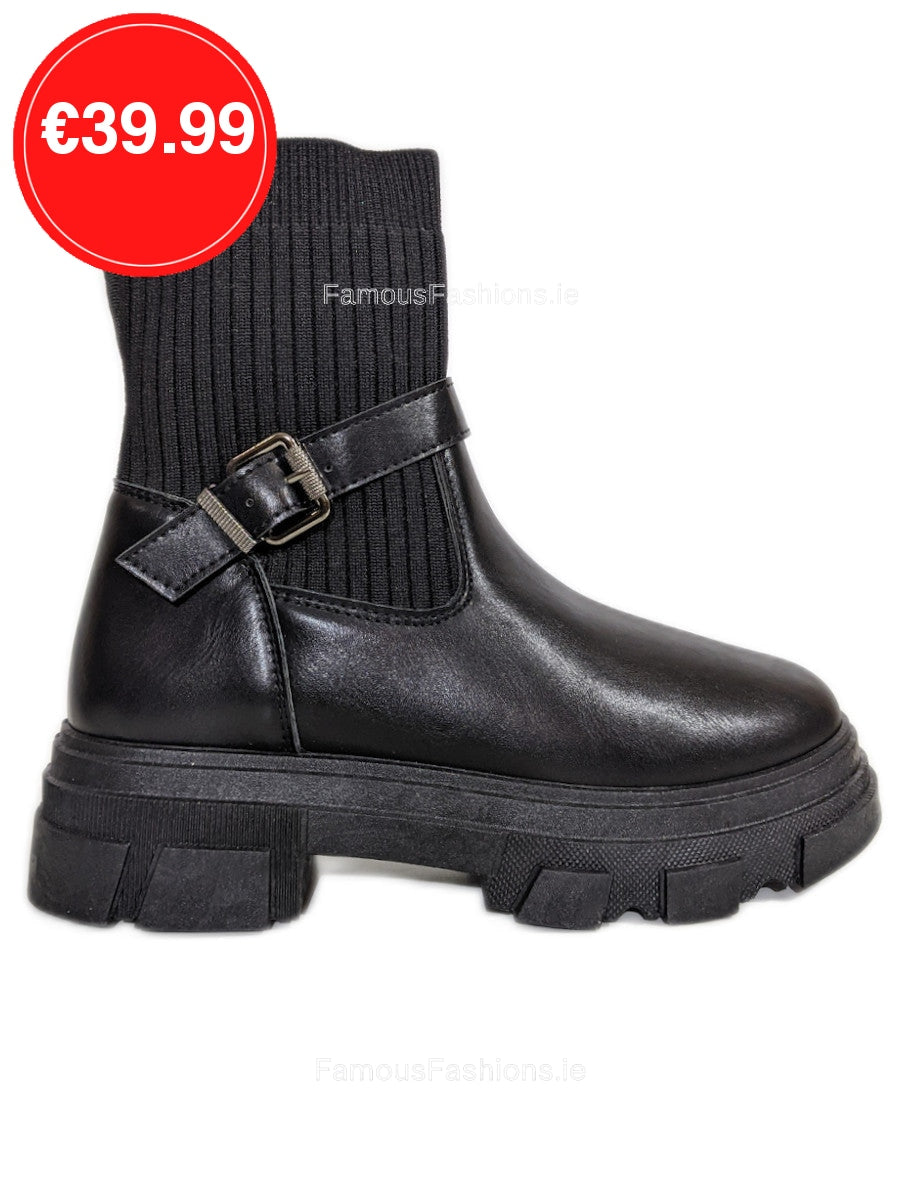 Black Chunky Sole Knit Buckle Biker Ankle Boots