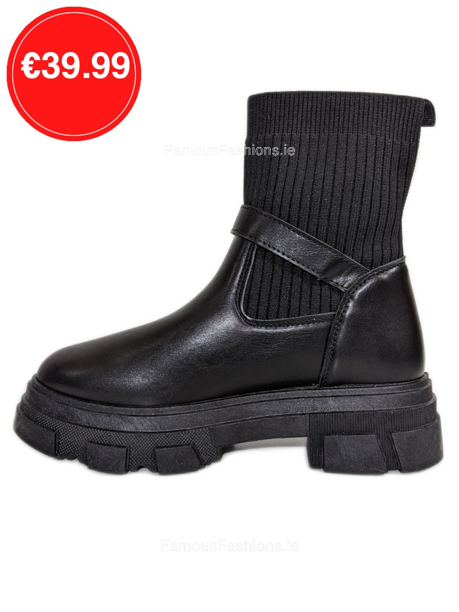 Black Chunky Sole Knit Buckle Biker Ankle Boots