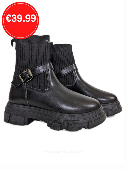 Black Chunky Sole Knit Buckle Biker Ankle Boots