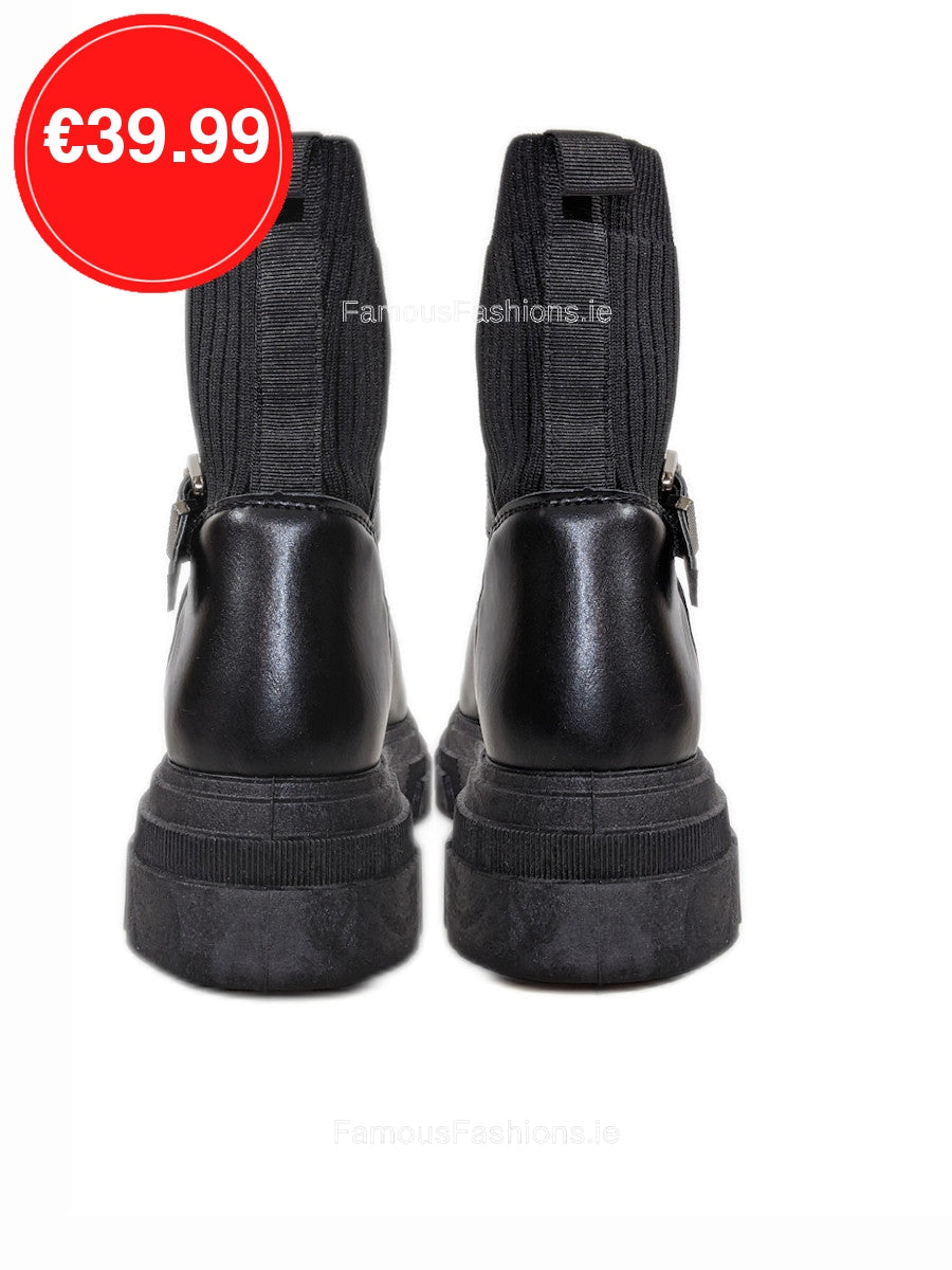 Black Chunky Sole Knit Buckle Biker Ankle Boots