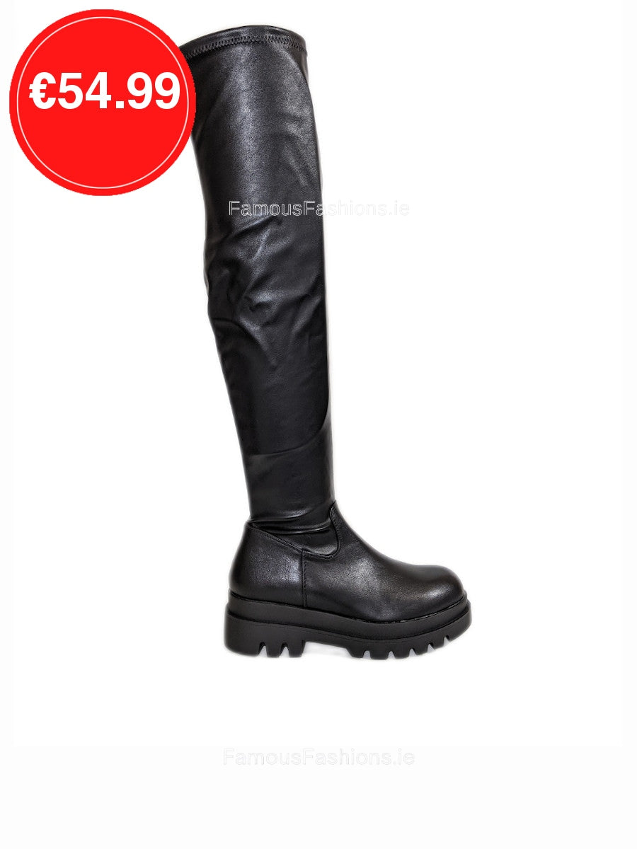 Black Over the Knee Chunky Sole Boots