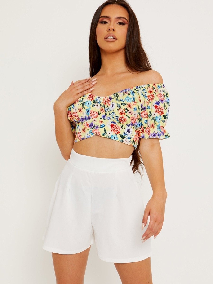 Yellow Tie Knot Floral Bardot Crop Top