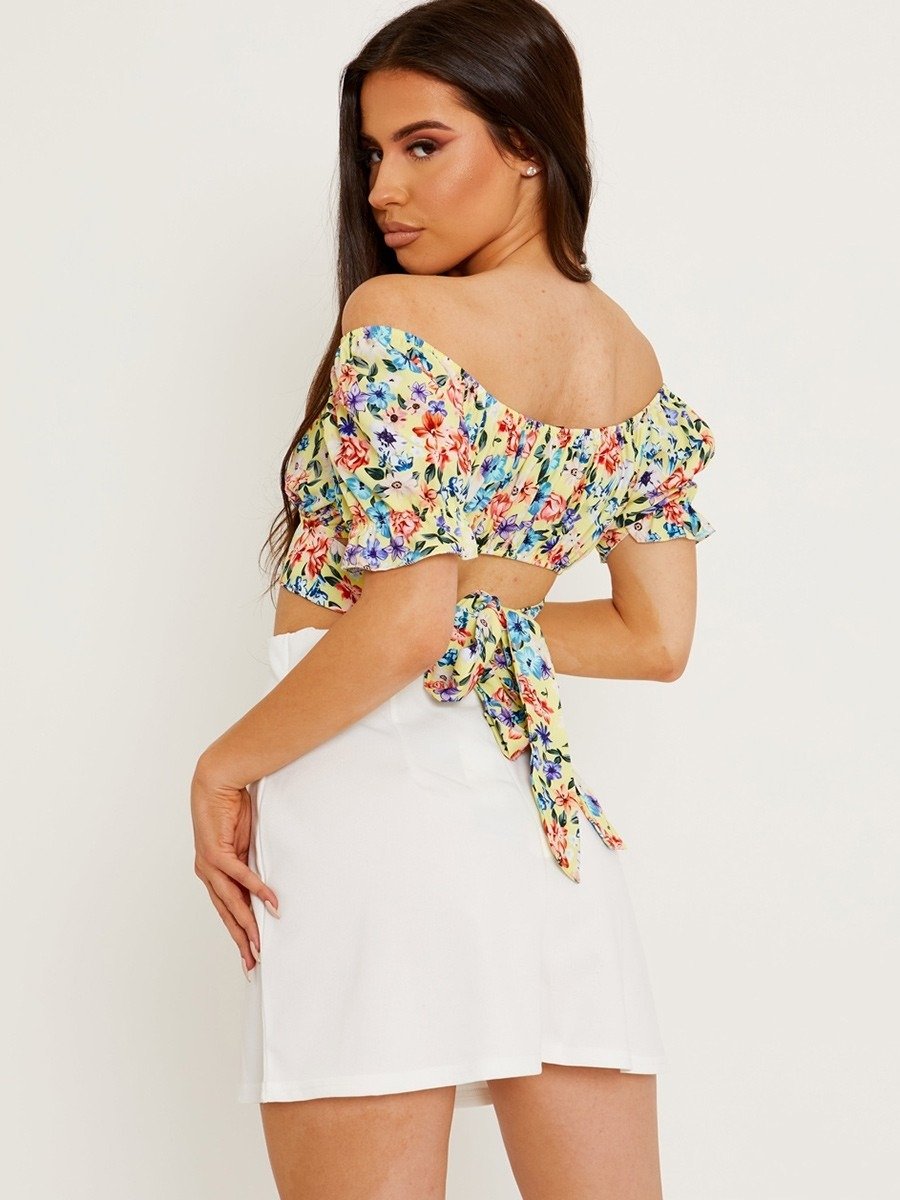 Yellow Tie Knot Floral Bardot Crop Top